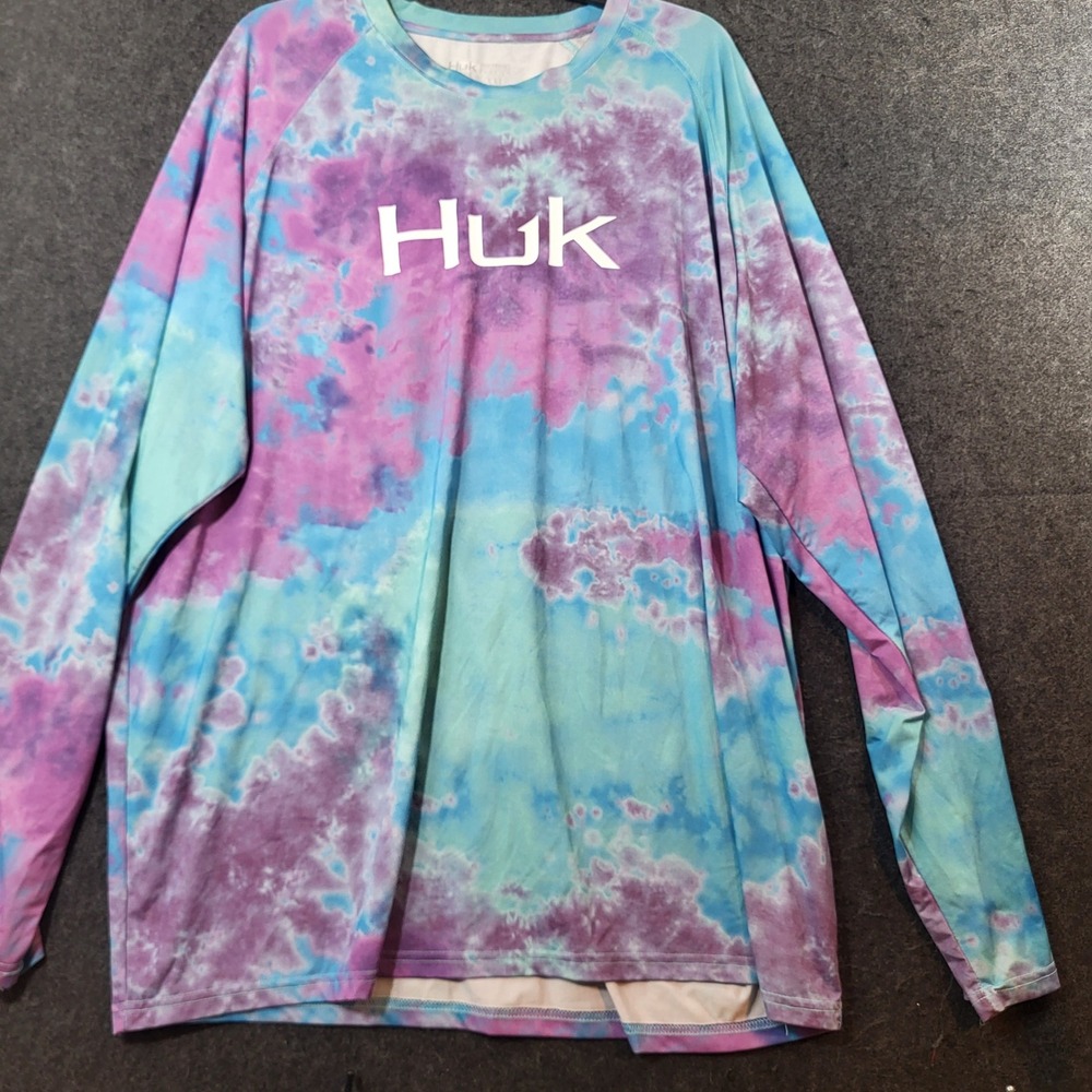 Huk Fishing Mens Tie Dye Long Sleeve Performance Shirt Blue Purple XXL